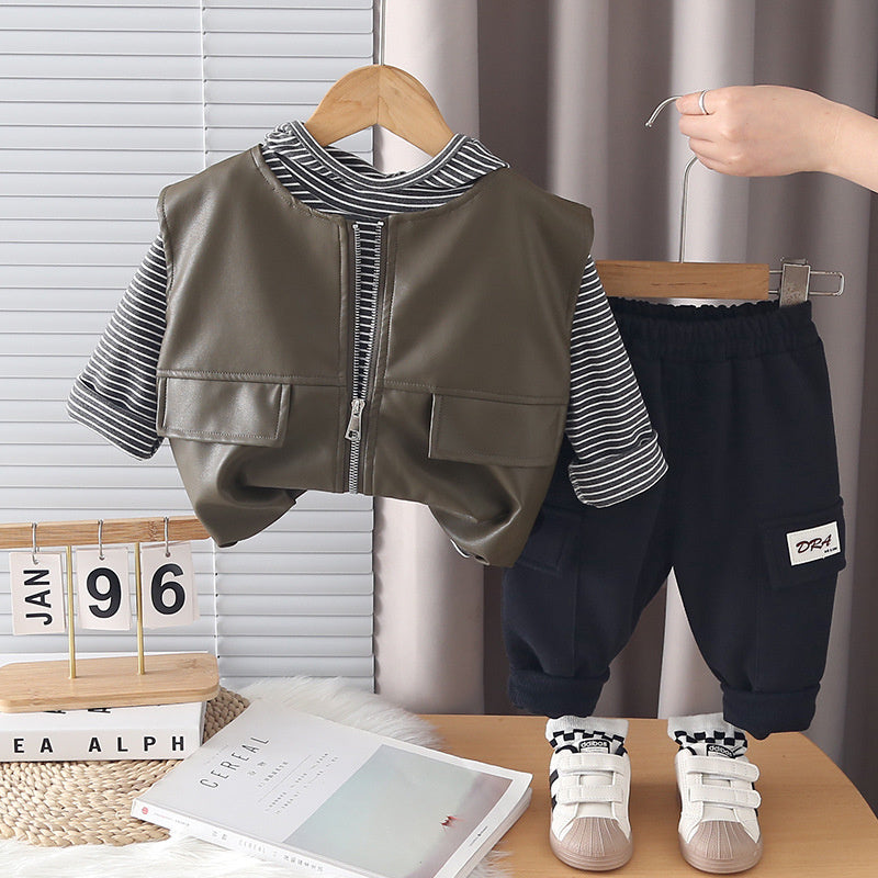 Boys' Spring and Autumn Outfit 2026 New Fashionable Children's Leather Vest Versatile Casual Three-Piece Set Trendy Wholesale
