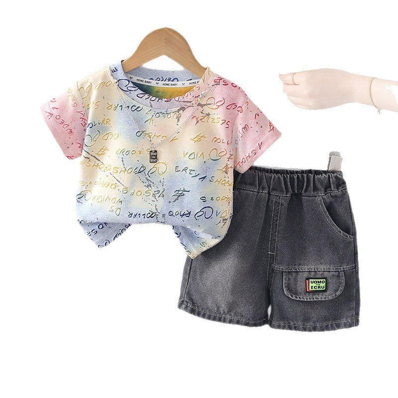 Boys' Outfit 2026 New Fashionable Toddler Baby Summer Clothes Full Print Small Letter Short Sleeve Two-Piece Set