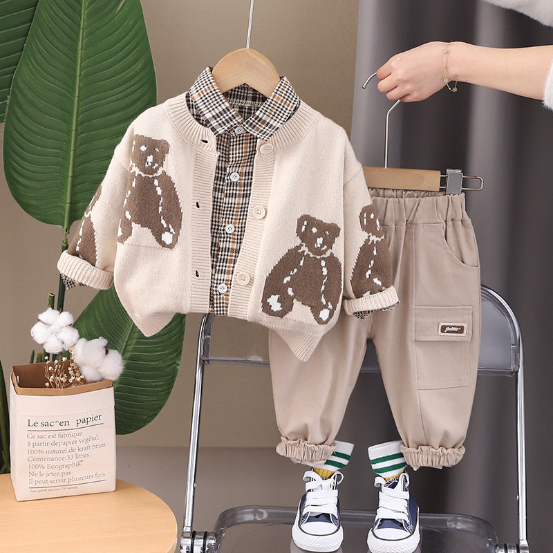 Baby Spring Outfit Stylish 1-4 Years Old Boys Bear Long Sleeve Sweater Three-Piece Set Infant Children's Clothing