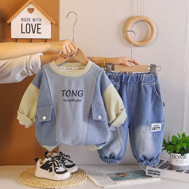 Boys' Spring and 2026 New Outfit: Children's Korean-style Pocket Color-block Denim Sweatshirt, Baby's Autumn Two-piece Trendy Set