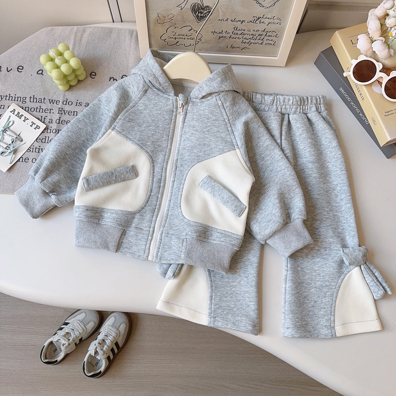 Girls' Casual Outfit Spring Autumn New Fashionable Hooded Jacket and Long Pants Two-Piece Set