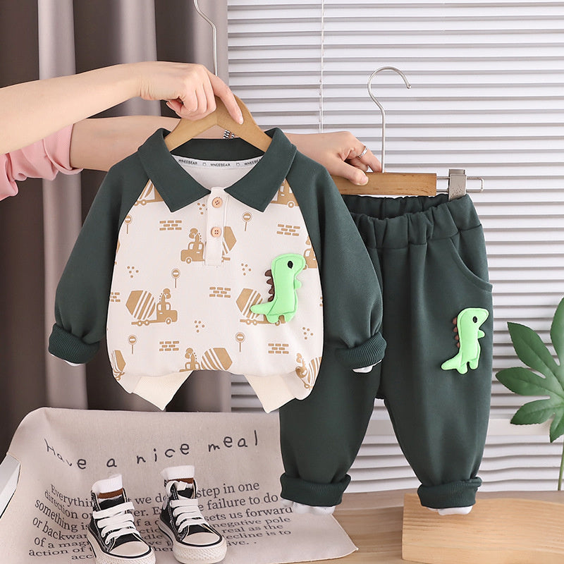 Boys' Outfit Set, Stylish Korean Version 2026 New Model, Children's Spring and Autumn Clothing, Little Dinosaur Color-Block Two-Piece Set for 1-5 Years Old