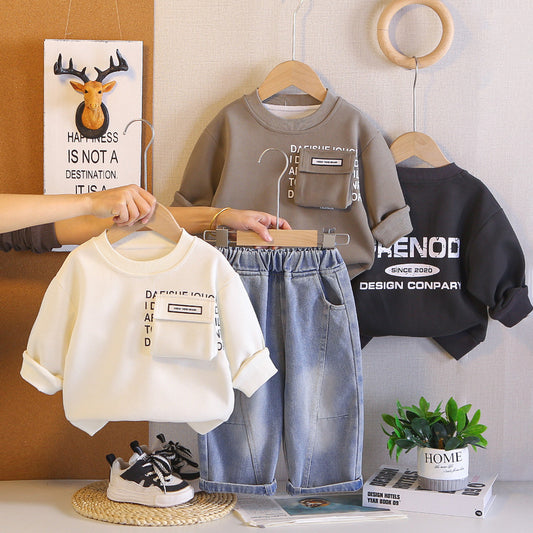 Boys' Spring Autumn Casual Outfit 2026 New Solid Color Pocket Sweatshirt and Pants Two-Piece Set for 1-3-5 Year Olds Trendy