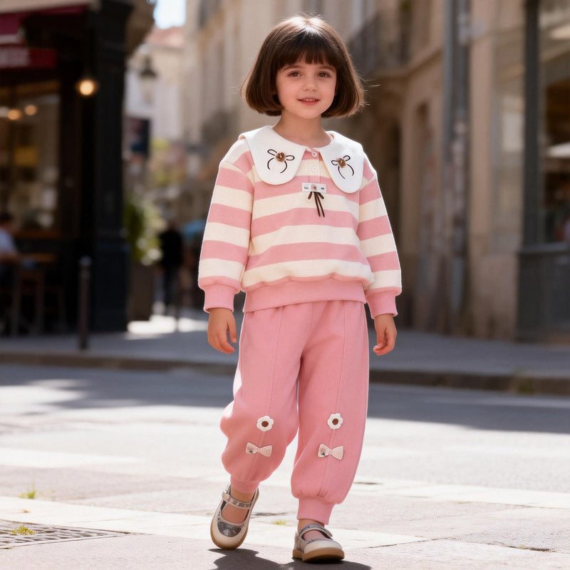 Girls' Sweatshirt 2026 New Baby Children's Clothing Spring and Autumn Outfit Striped Bow Two-Piece Set Trendy