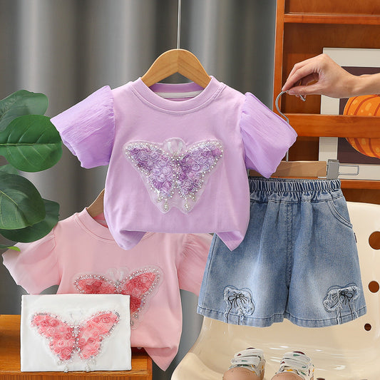 Little girl's summer butterfly short-sleeve outfit, stylish 2026 new baby clothes, fashionable and cute two-piece set for babies