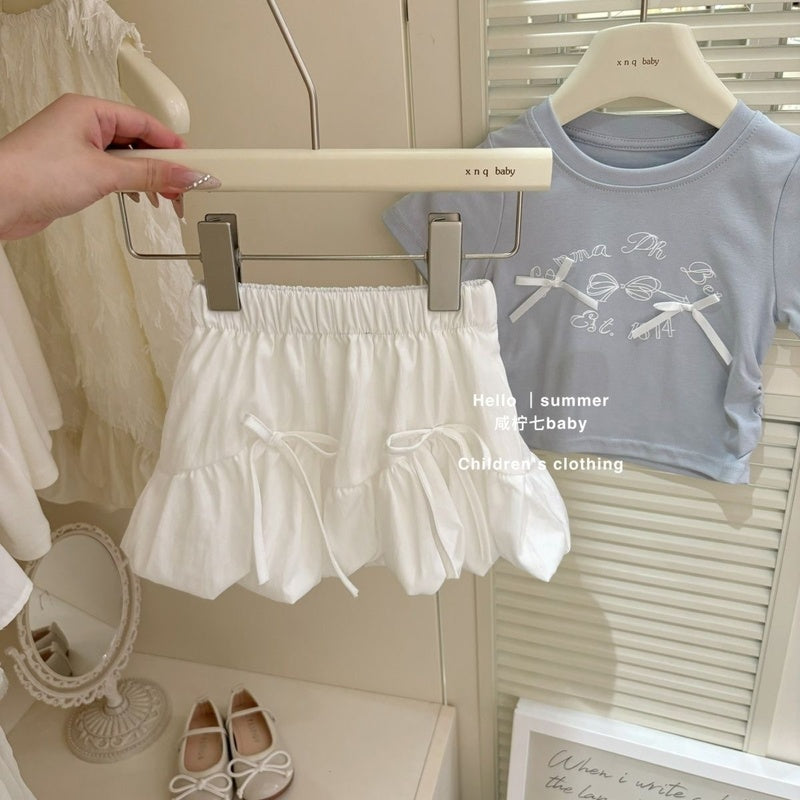 Girls' Korean-style outfit 2025 summer new children's bow short-sleeve T-shirt and skirt two-piece set