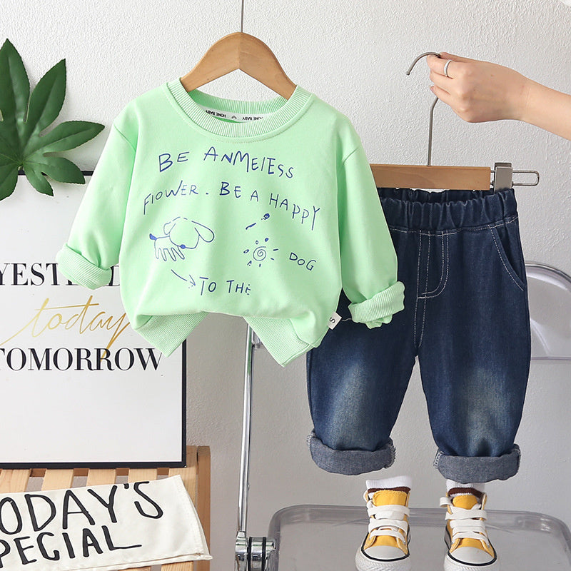 Boys' sports outfit, stylish letter-print puppy sweatshirt two-piece set, trendy spring autumn clothing for infants and children
