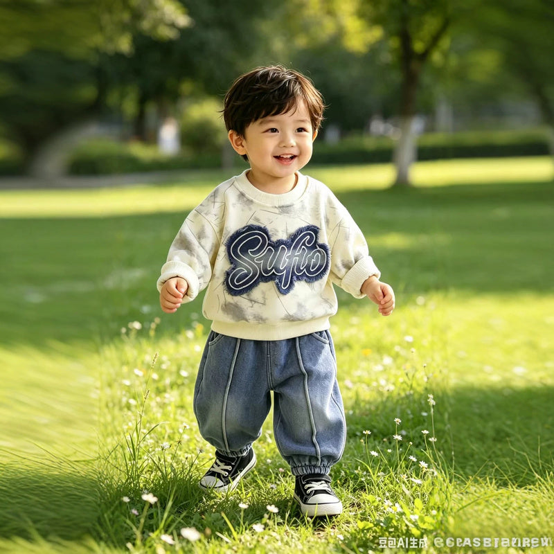 Autumn and Fleece-Lined Outfit New Fashionable Infant Boys' Winter Clothing Thick Embroidered Letter Two-Piece Set