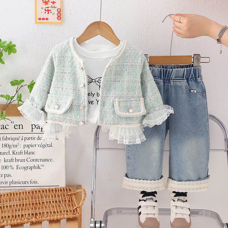 Foreign Trade Wholesale 2025 New Sweet Little Chanel Style Three-Piece Set Children's Fashionable Outfit Spring and Autumn Live Supply
