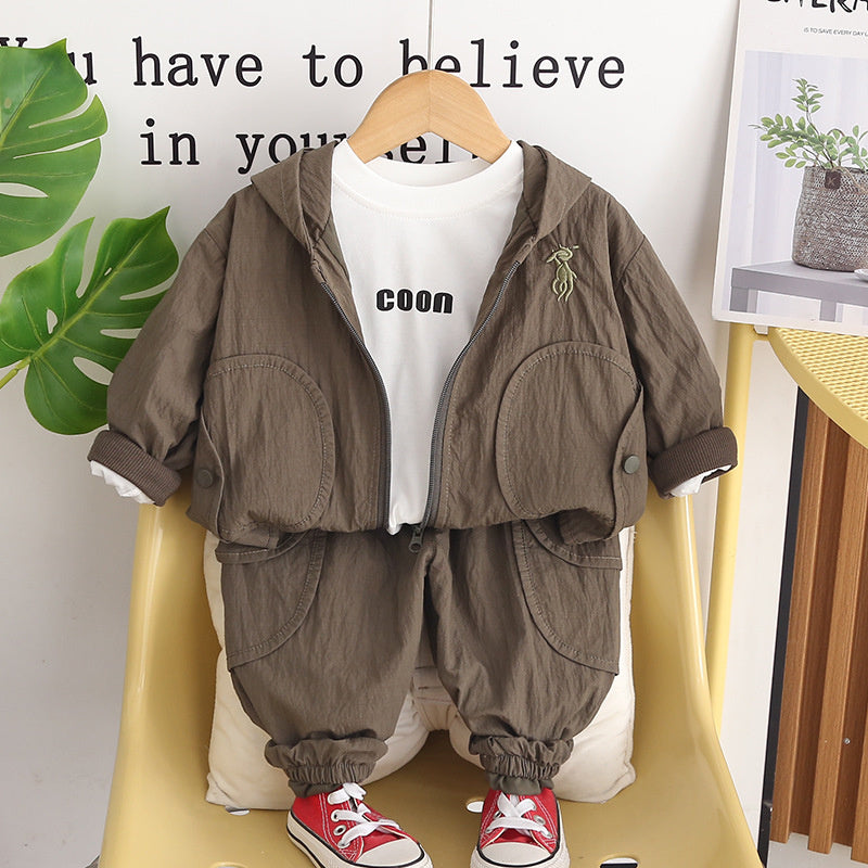 Spring Outfit 2026 New Trendy Stylish Fashionable Children's Clothing Boys' Solid Color Hooded Three-Piece Set
