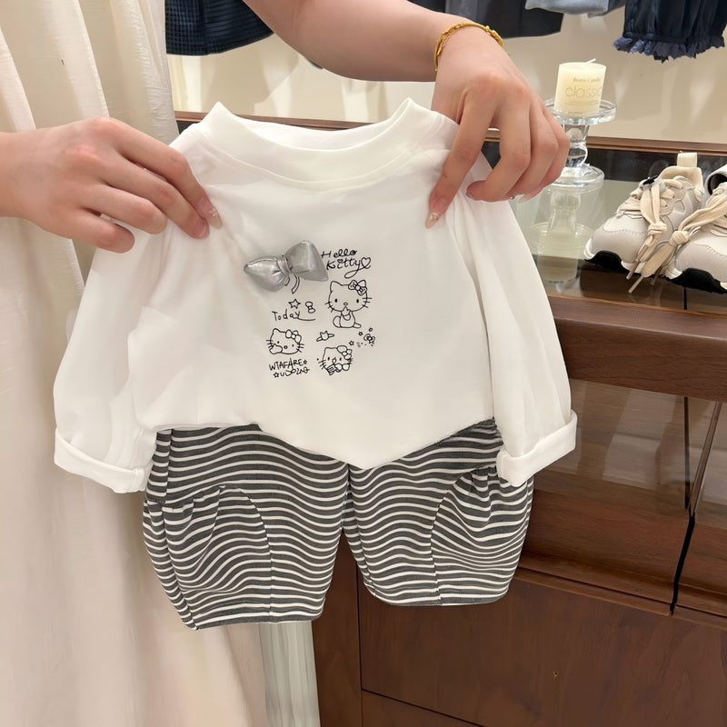 Girls' Striped Outfit 2026 New Fashionable Baby Girl Two-Piece Set in Milky White with Cat Print for Spring and Autumn