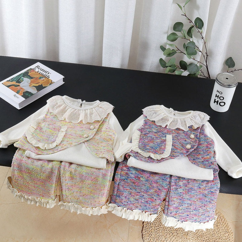Girls' 2026 New Fashionable Children's Vest Autumn Outfit for Baby Girls with Colorful Dots, Lace, and Pockets Three-Piece Set