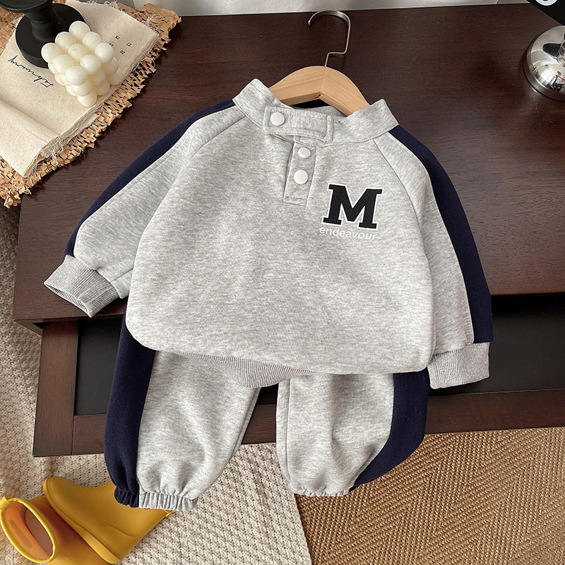 2025 Spring New Color Block Letter Sweatshirt Baby Boys Sports Pants Two-Piece Set One Piece Dropshipping