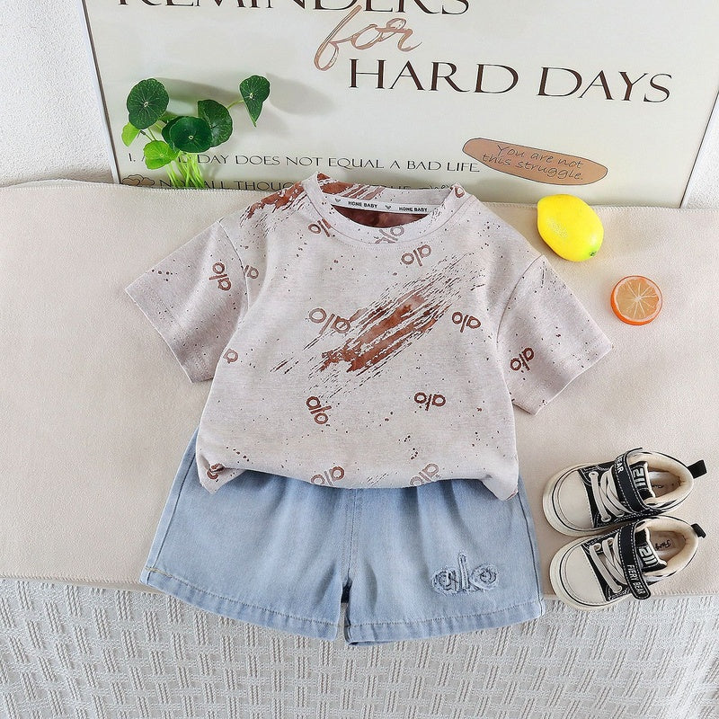 Children's 2026 Summer New Style Boys' Tie-Dye Letter Two-Piece Set Baby Short-Sleeve Sports Shorts
