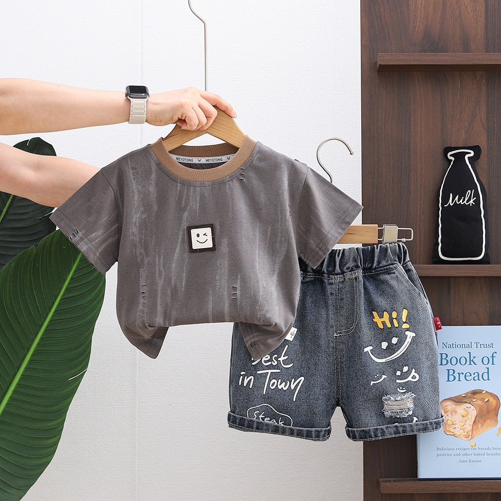 Baby Outfit Set 2026 New Style Boys' Ripped Smiley Face Short Sleeve Shorts Infant Children's Clothing Toddler Summer Fashion