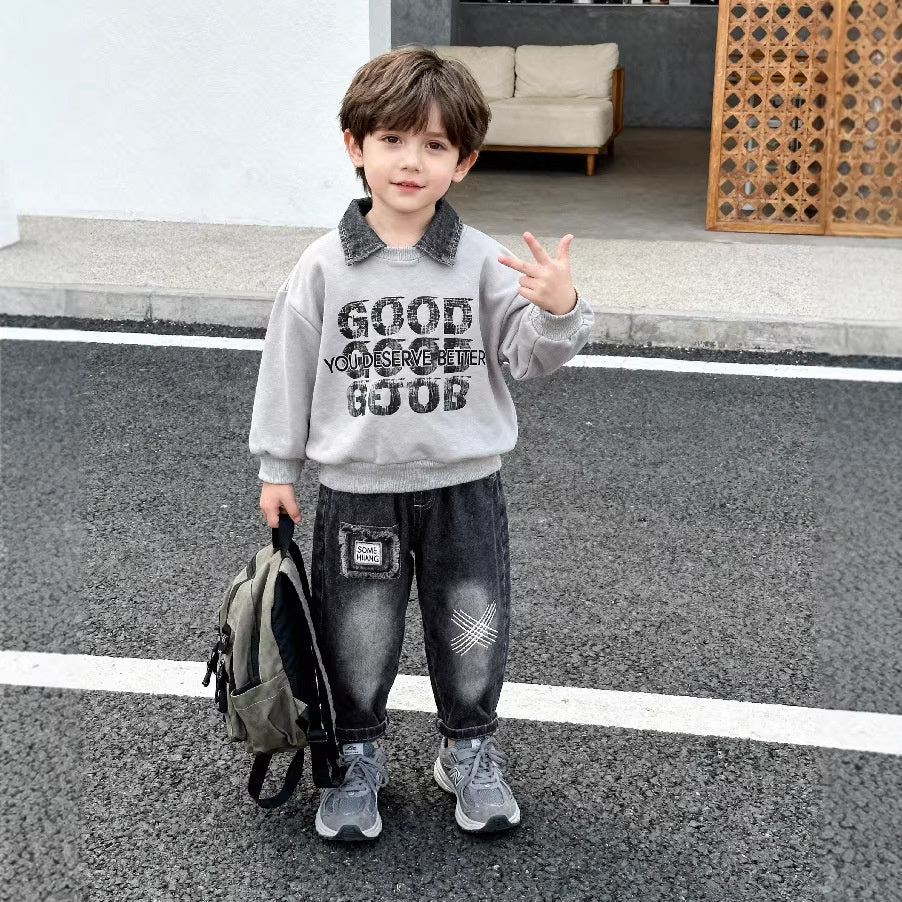 Boys' fashion stylish letter sweatshirt two-piece set, baby spring cool toddler clothes, infant children's trendy outfit