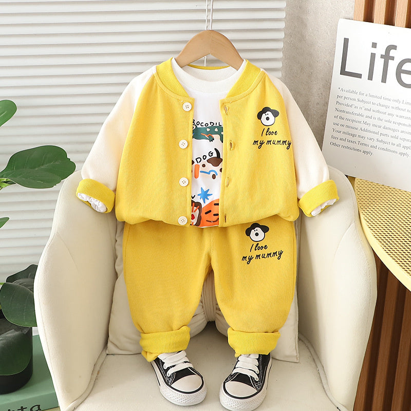 Boys' Outfit 2025 New Children's Cute Apron Puppy Three-Piece Set for 1 to 3 Years Old Baby Spring and Autumn