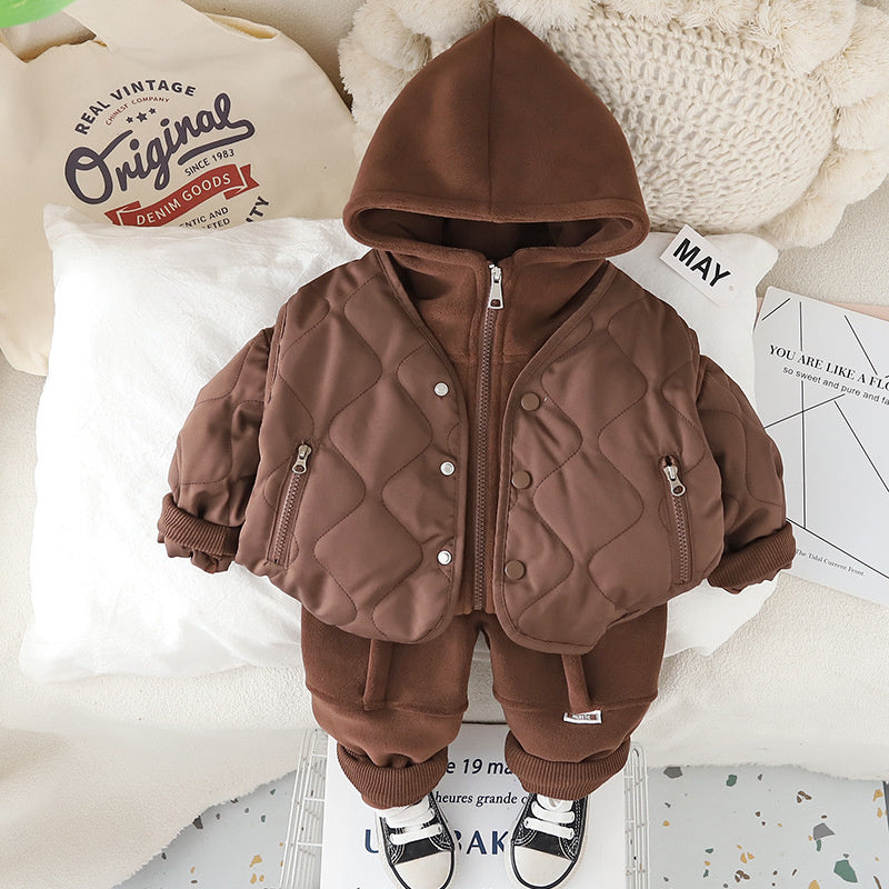 Boys' Thickened Outfit Winter Korean Style Fashionable Children's Outerwear Zipper Pocket Vest Fleece Three-Piece Set Trendy