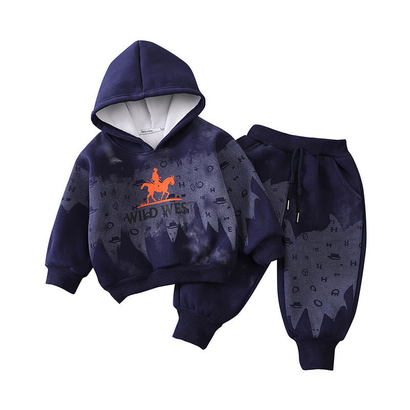 Boys' Autumn and Fleece-Lined Set 2026 New Fashionable Children's Winter Hooded Sweatshirt Two-Piece Outfit for Boys