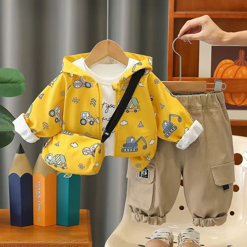 Boys' Spring and Autumn Outfit 2026 New Style Baby Boy Fashionable Cartoon Bag Long Sleeve Three-Piece Set Infant Children's Jacket