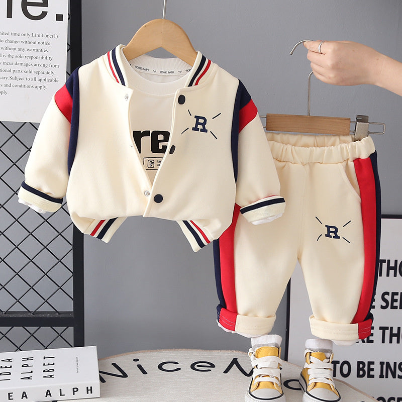 Children's Boys' and Autumn Clothing 2026 New Spring Fashionable Sporty Letter Baseball Outfit Three-Piece Set