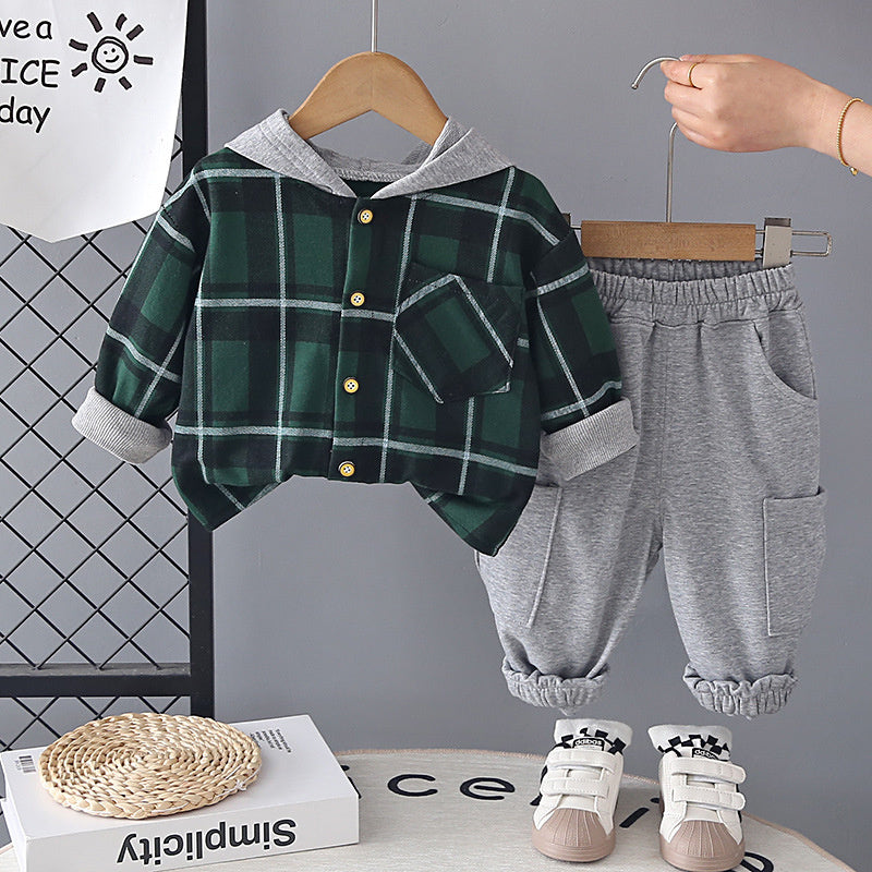 and Autumn Casual Hooded Plaid Shirt Set for Toddlers 1-3 Years Old, Baby Outerwear, Boys' Spring Outfit