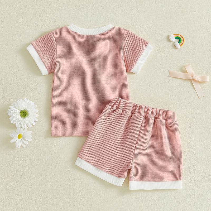 New foreign trade girls' outfit 2026 summer lace bow short-sleeve shorts simple two-piece set