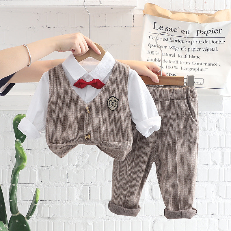 Small Medium Boys Spring and Autumn Korean Version Handsome Baby Plaid Vest Shirt Three-Piece Suit Long Sleeve Set Manufacturer Wholesale