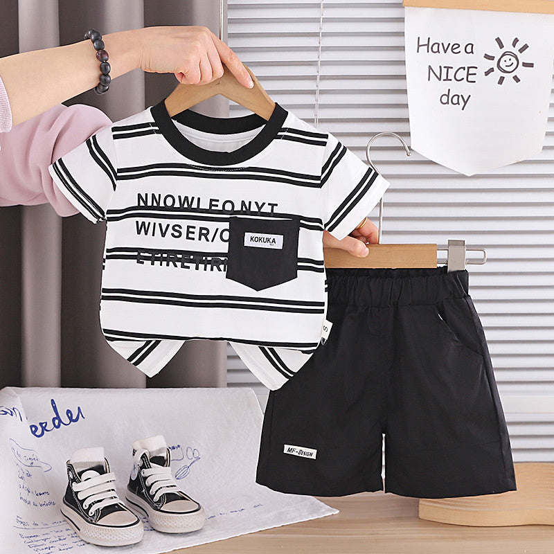 Boys' Short-Sleeve Two-Piece Set 2026 New Baby Summer Casual Clothes Trendy Striped English T-Shirt Outfit