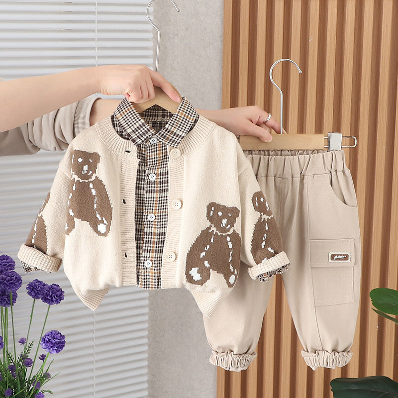 Baby Spring Outfit Stylish 1-4 Years Old Boys Bear Long Sleeve Sweater Three-Piece Set Infant Children's Clothing