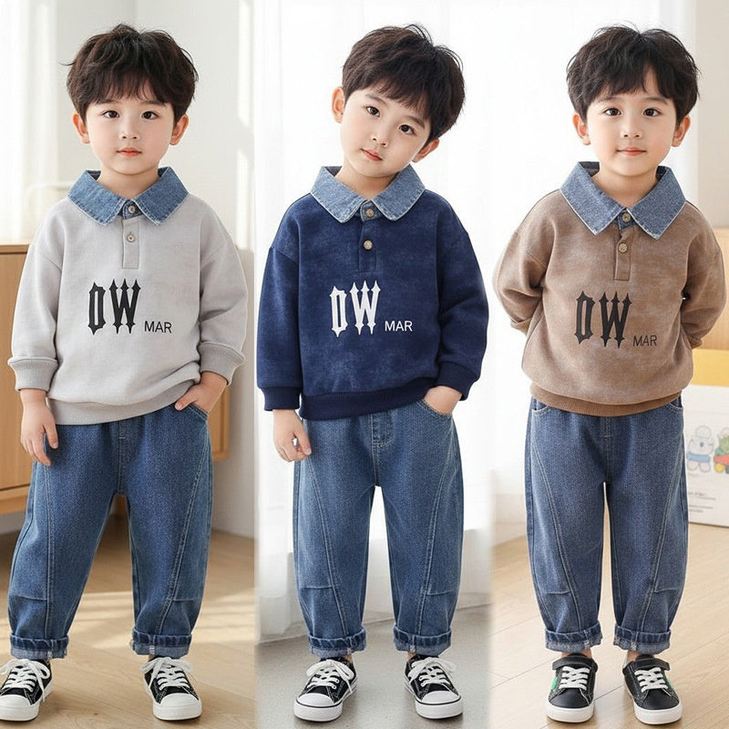 Boys' Spring and 2026 New Set: Children's Korean-style Denim Collar Sweatshirt, Baby's Autumn Two-piece Casual Outfit