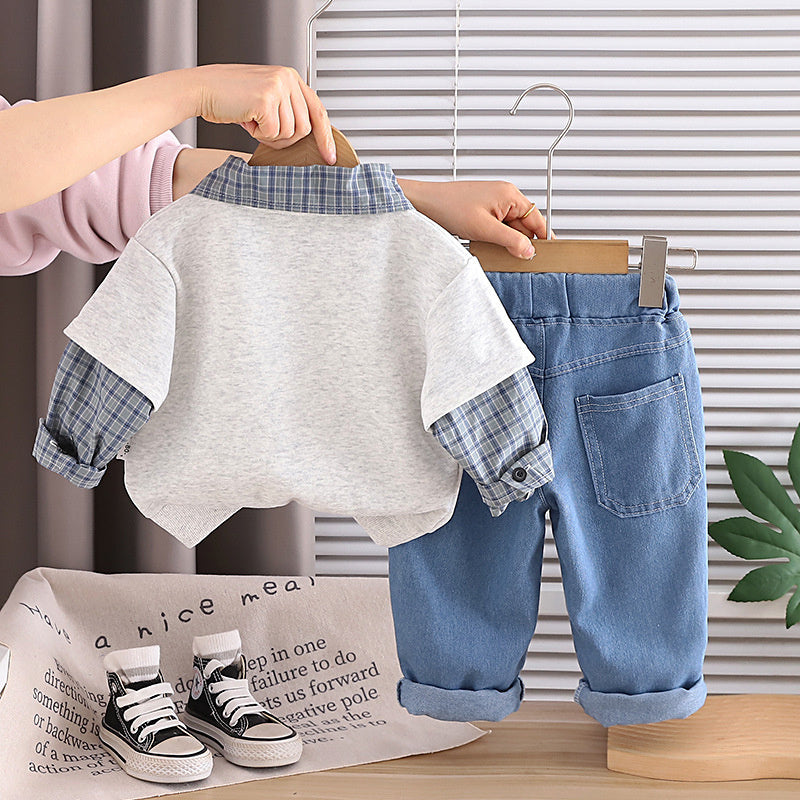 Baby clothes autumn, stylish casual, 2026 plaid bear long-sleeve sweatshirt two-piece set, trendy spring and autumn outfit for baby boys