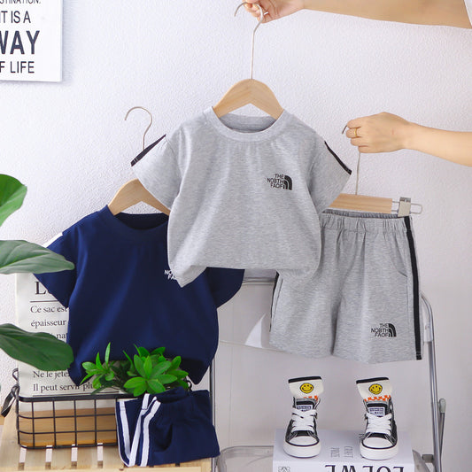Children's 2026 Summer New Style Boys' Korean Version Casual Striped Round Neck Sports Two-Piece Set Short Sleeve Shorts
