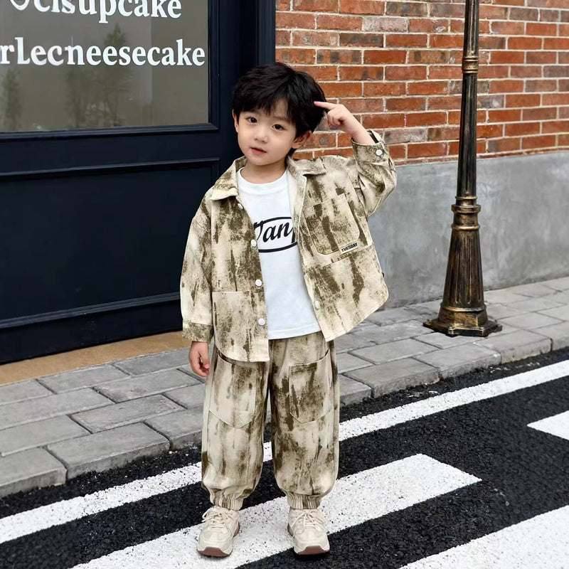 Stylish Boys' and Autumn Outfit 2026 Spring New Long-Sleeve Sports Tie-Dye Pocket Three-Piece Set for Babies