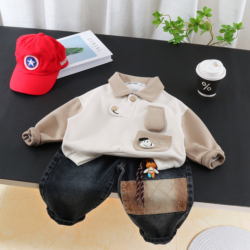 Boys' Outfit 2026 New Fashionable Children's Spring and Autumn Clothes Baby Boy Pocket Dog Sweatshirt Two-Piece Set
