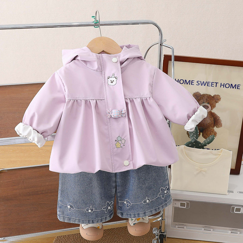 Girls' Outfit 2026 New Fashionable Stylish Children's Baby Girl Spring and Autumn Hooded Candy Bear Three-Piece Set
