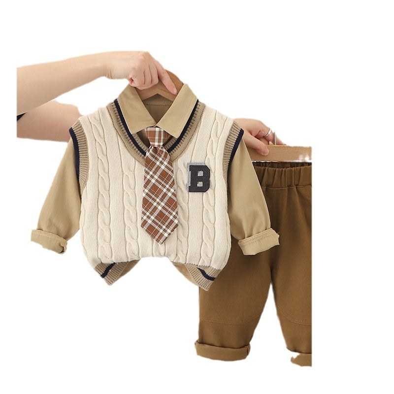 Boys' Autumn Outfit with Tie B-Line Sweater Three-Piece Set 2023 New Style for 1-2-4 Year Olds Casual Fashionable Children's Clothing