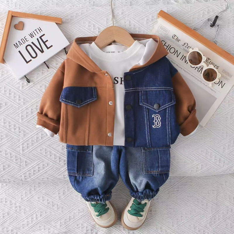 New autumn clothing children 1-3-4 years old, stylish denim color-block letter three-piece set for boys, toddler outfit, baby 2
