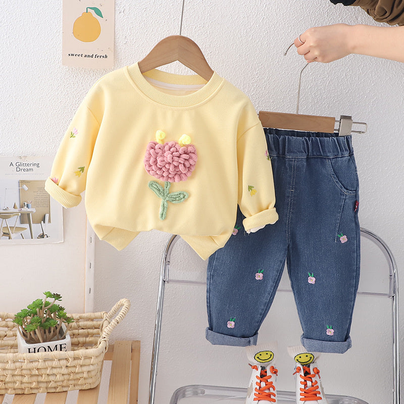 Girls' Outfit 2024 Spring and Autumn New Korean Style Fashionable Toddler Floral Round Neck Long Sleeve Two-Piece Set