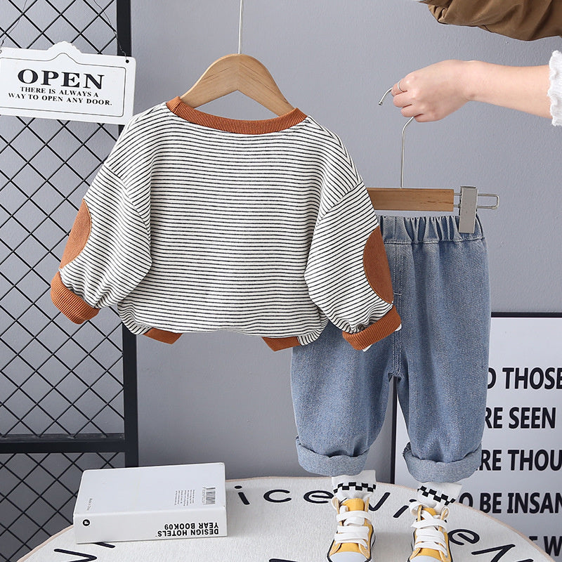 Boys' Stylish New 2025 Baby Spring Outfit Children's Clothing Striped Embroidered English Two-Piece Set