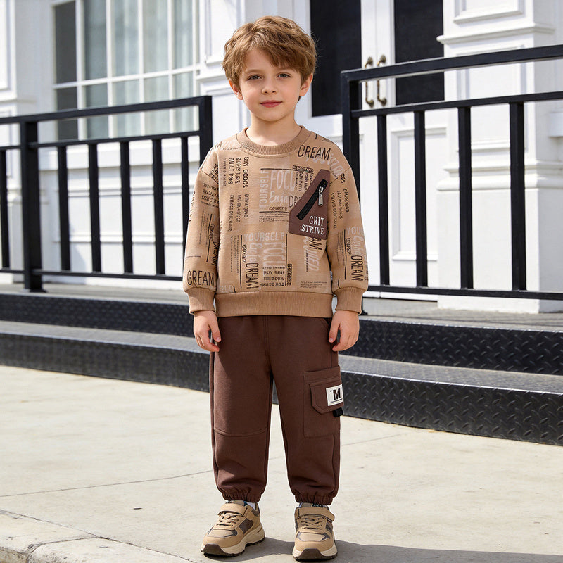 Boys' Suit for Spring and Autumn 2026 New Korean Style Casual Stylish Sports Zipper Pocket Sweatshirt Two-Piece Set