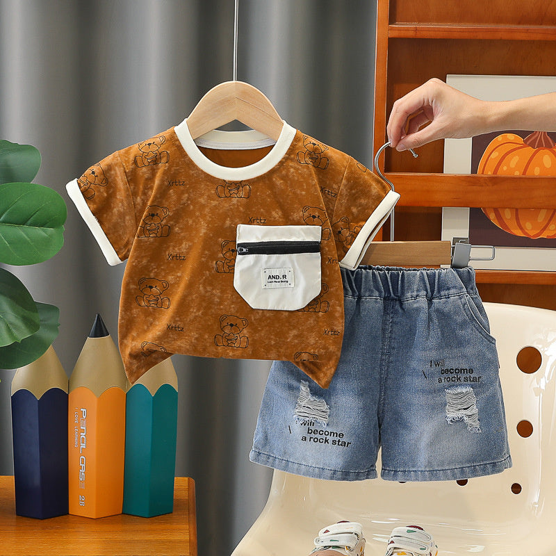 Baby Boy 2026 Stylish Star Bear Short Sleeve Summer Infant Children's Clothes Two-Piece Set Boys' Trendy Outfit