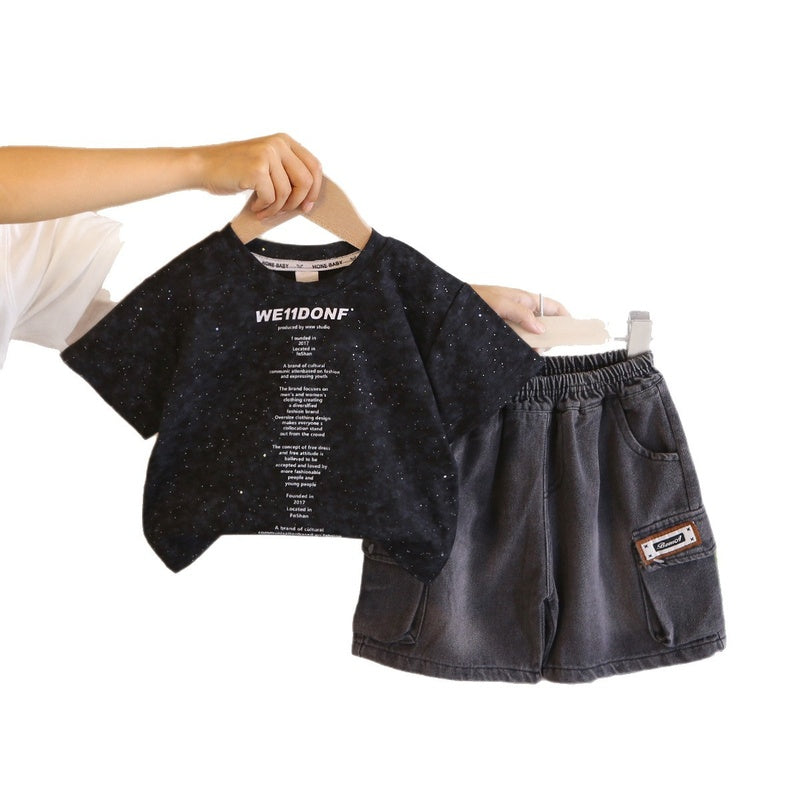 Baby boy outfit children's clothing ages 1-3, stylish summer style for boys, small letter print short-sleeve two-piece set, trendy