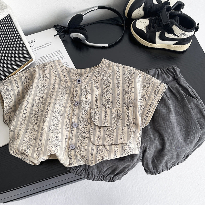 Boys' Shirt Set, Stylish Baby Summer Outfit 2026 New Floral Two-Piece Set for Infants and Children