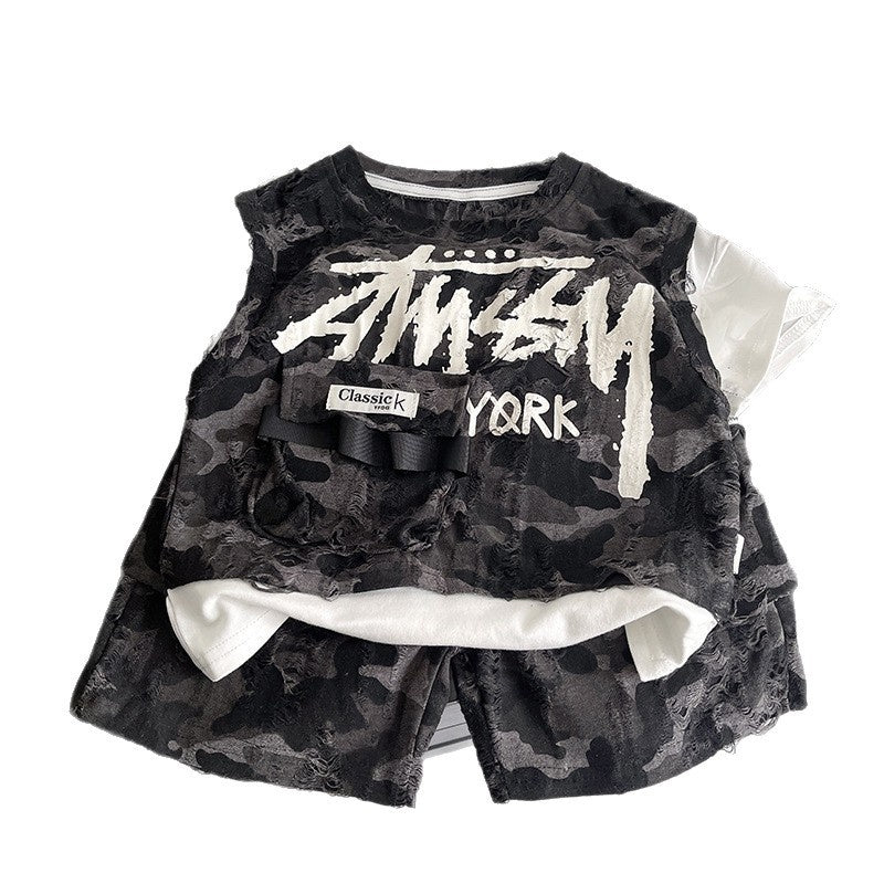 Boys' Outfit 2026 New Fashionable Short-Sleeve for Children, Stylish Baby Summer Letter Print Fake Three-Piece Set