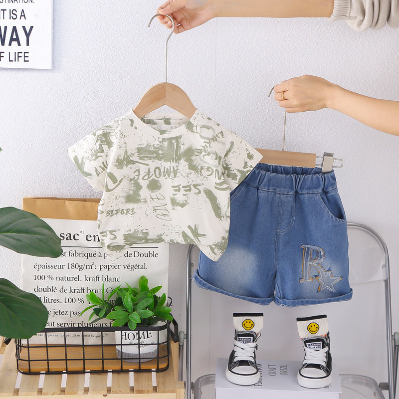Boys' Summer Outfit 2026 New Style Children's Short Sleeve Denim Shorts Two-Piece Set Baby Fashionable Casual Trendy