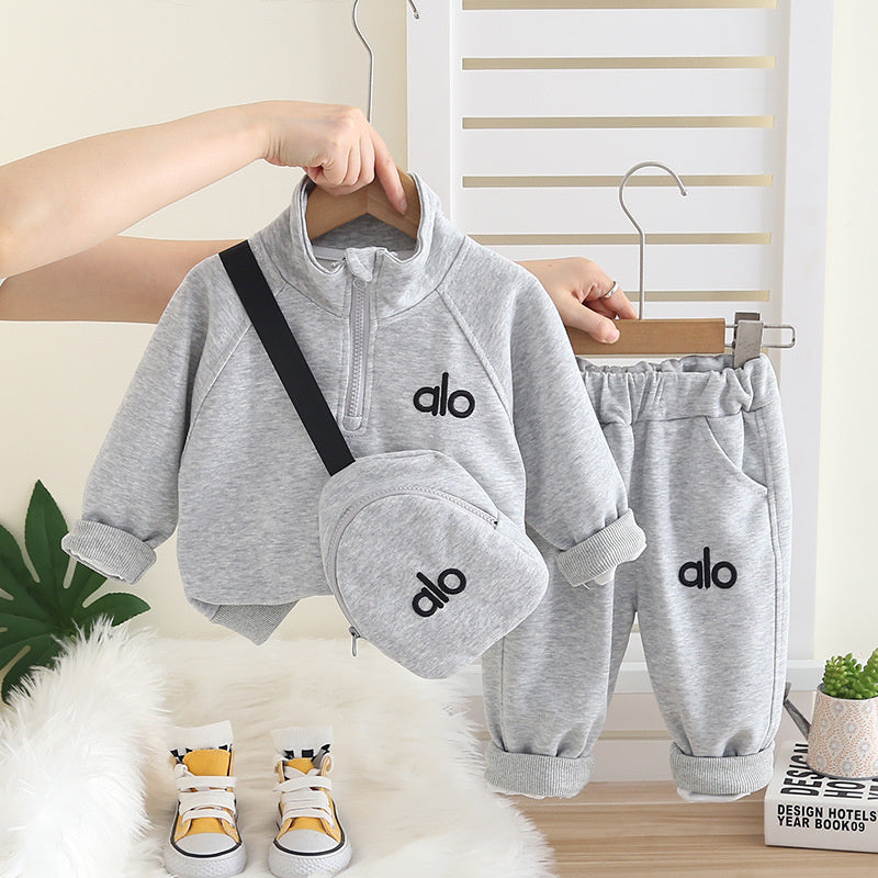 Trendy Boys Girls Crossbody Bag Half-Zip Spring and Autumn Sweatshirt Set 2025 New Children's Casual Sports Stylish Clothes