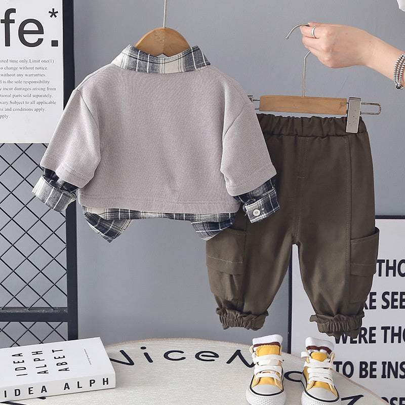 Children's Clothing Boys' Spring Outfit 2026 New Fashionable Baby Plaid Color-Block Three-Piece Set Korean Style Clothes for Infants and Children