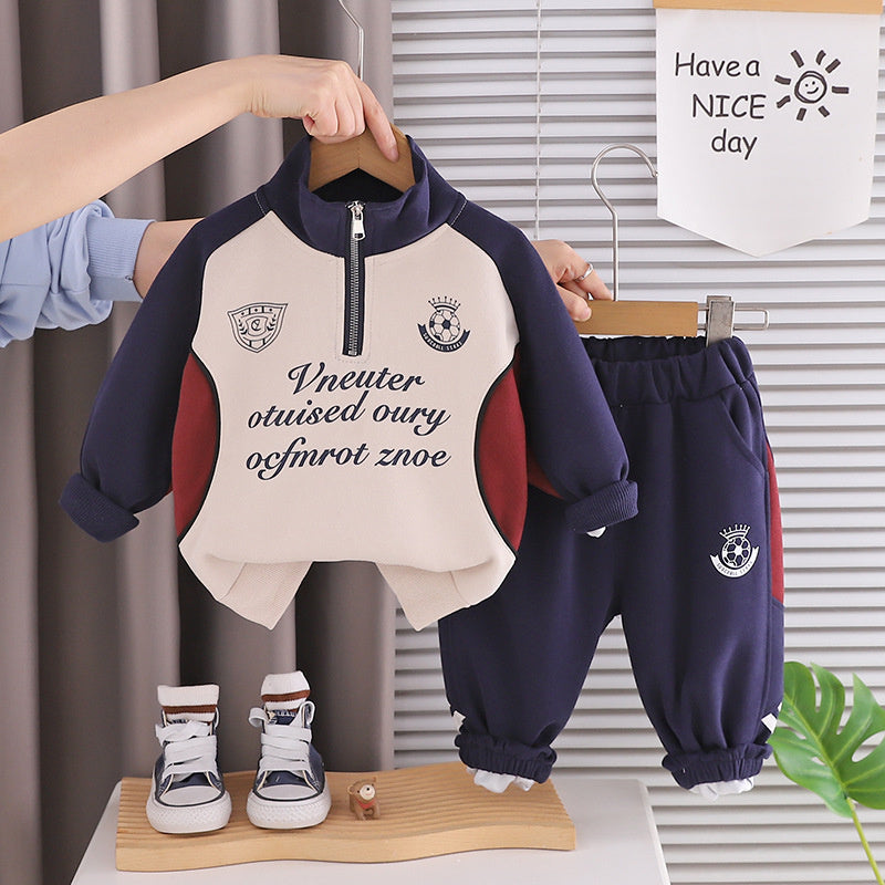 Boys' sweatshirt set spring and autumn 2026, new stylish children's half-zip long-sleeve clothing, Korean-style sportswear for toddlers