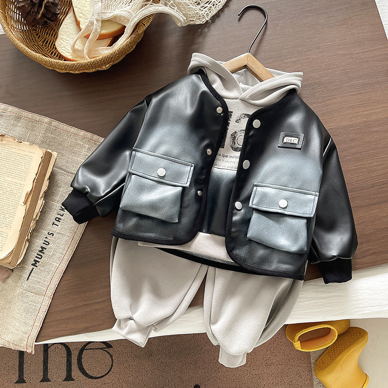 Boys' Outfit 2026 New Fashionable Spring Autumn Clothes for Babies Cool and Stylish Children's Leather Jacket Three-Piece Set